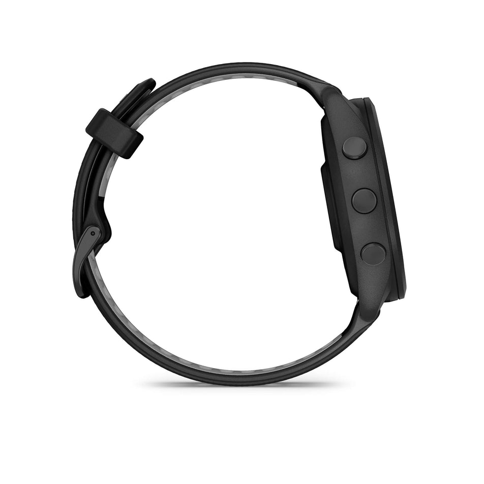Side view of a Garmin Forerunner 265 Running Smartwatch in the black colourway. (7909875974306)