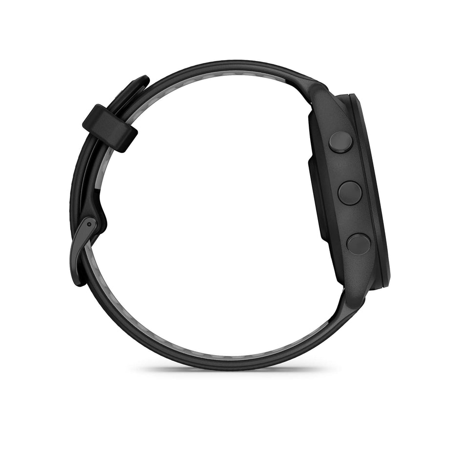 Side view of a Garmin Forerunner 265 Running Smartwatch in the black colourway. (7909875974306)