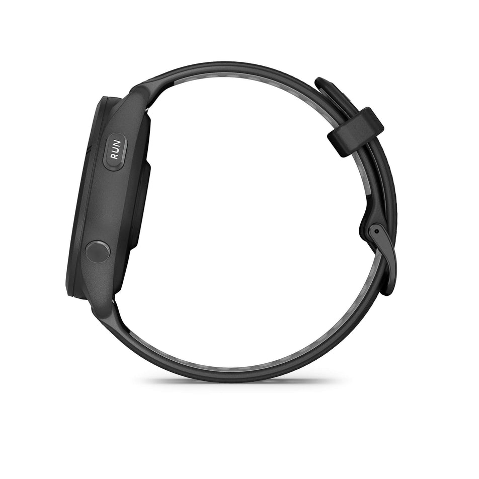 Side view of a Garmin Forerunner 265 Running Smartwatch in the black colourway. (7909875974306)