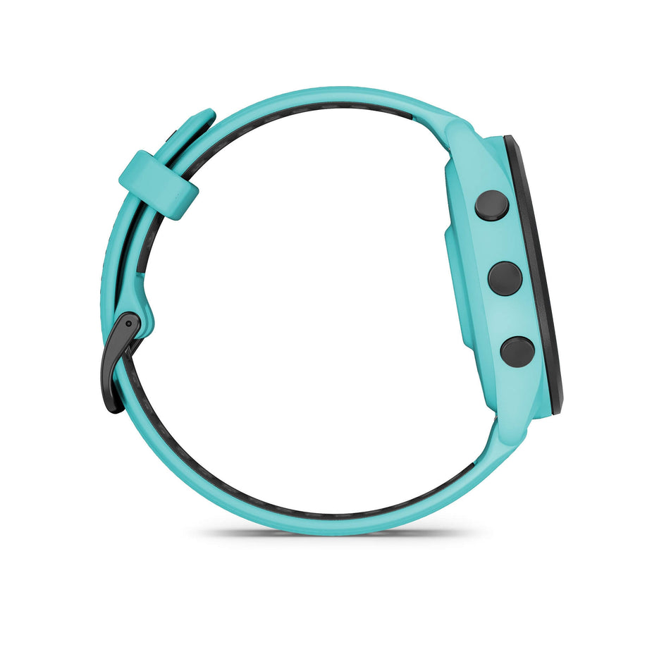 Side view of a Garmin Forerunner 265 Running Smartwatch in the Aqua colourway. (7909881446562)