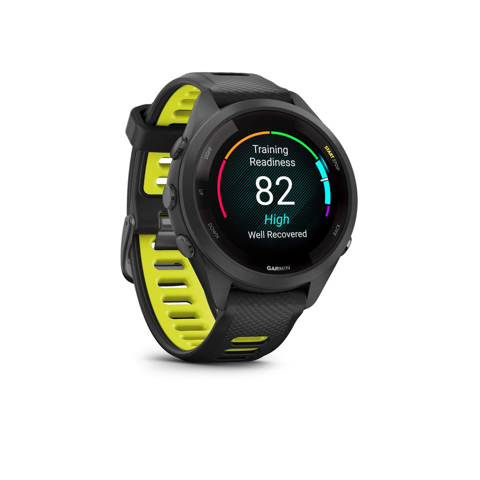 Front view of a Garmin Forerunner 265S Running Smartwatch in the black colourway. Example of a Training Readiness score is visible on the screen. (7909890850978)
