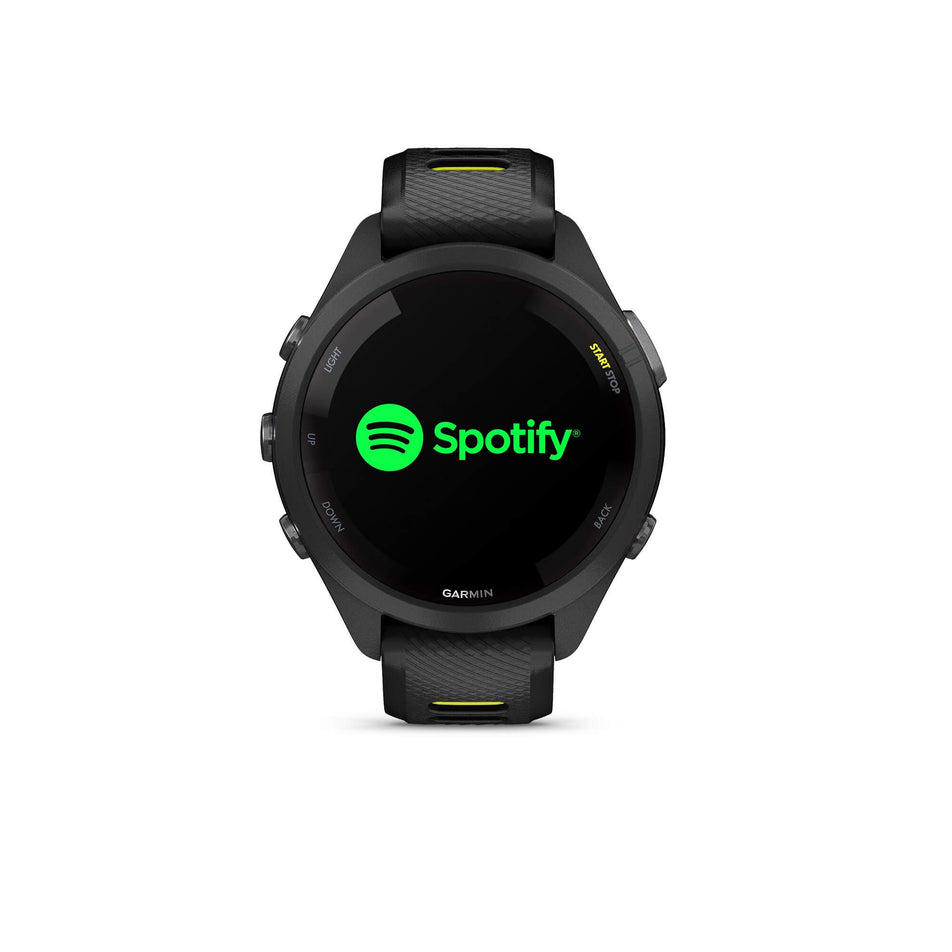 Front view of a Garmin Forerunner 265S Running Smartwatch in the black colourway. (7909890850978)