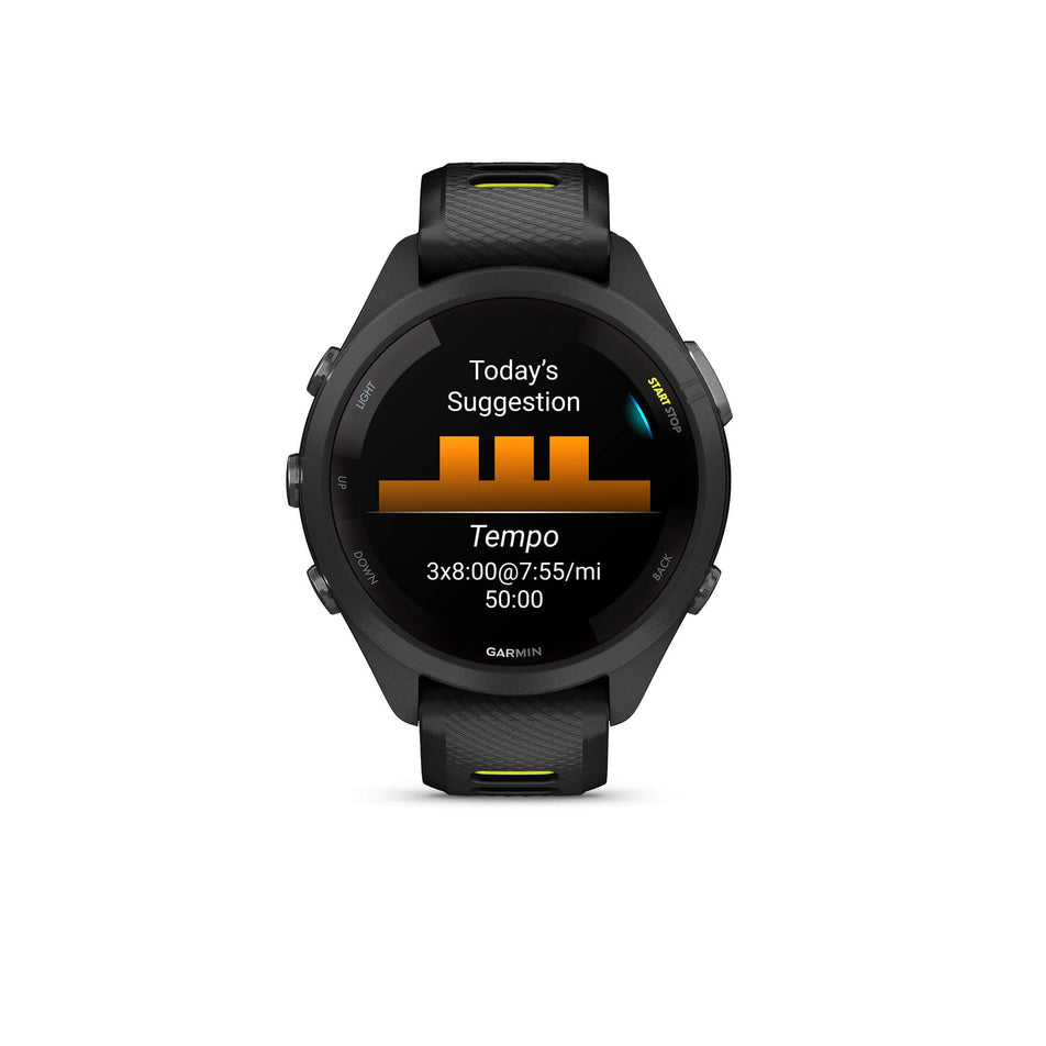 Front view of a Garmin Forerunner 265S Running Smartwatch in the black colourway. Example of a suggested work is visible on the screen. (7909890850978)