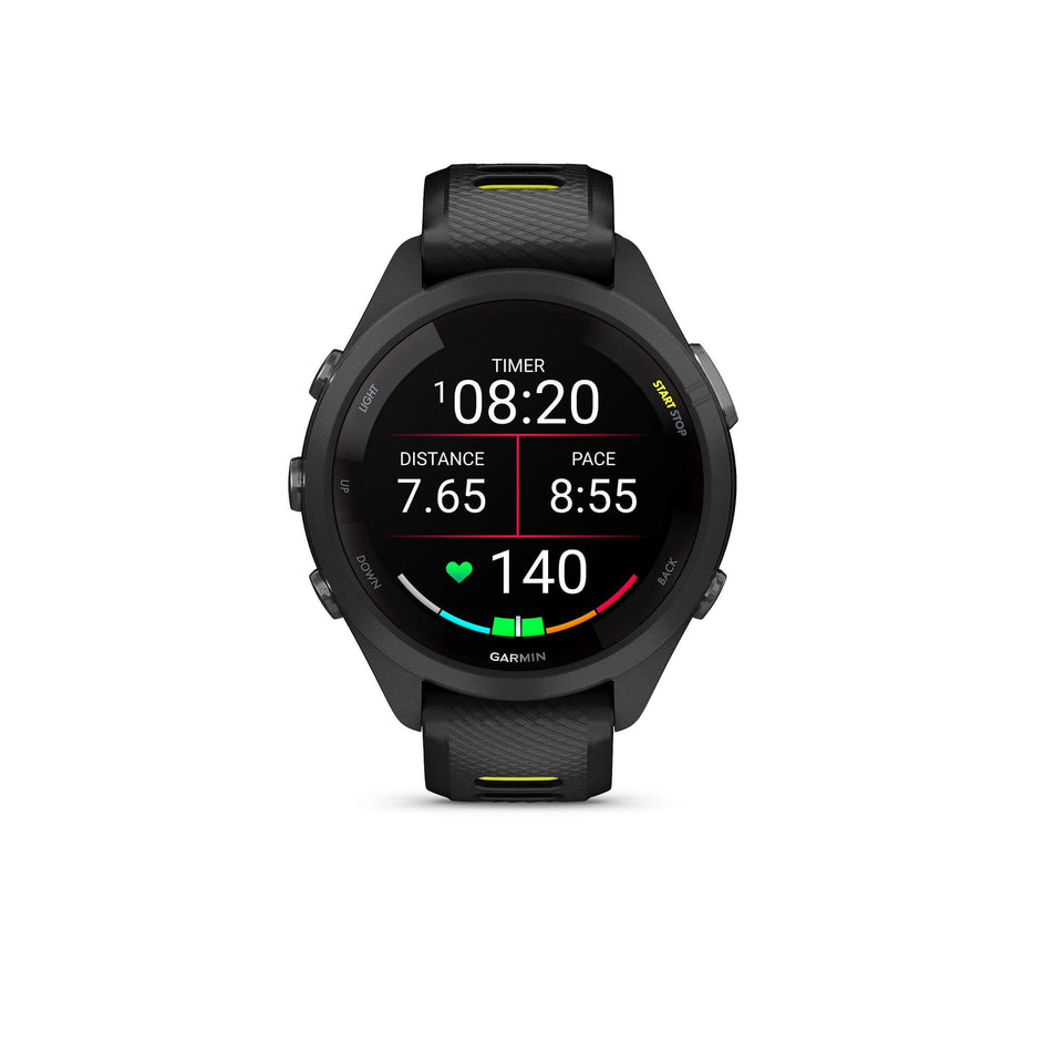 Front view of a Garmin Forerunner 265S Running Smartwatch in the black colourway. Example of some of the available metrics is visible on the screen. (7909890850978)