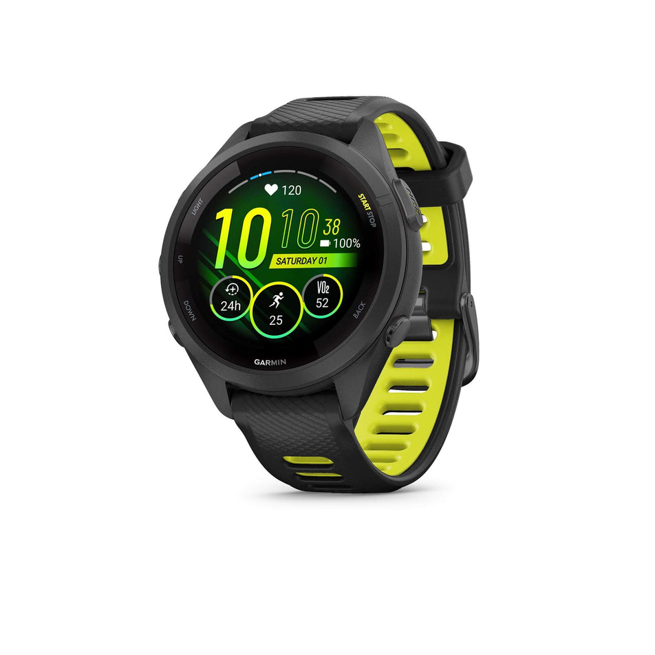 Front view of a Garmin Forerunner 265S Running Smartwatch in the black colourway. (7909890850978)