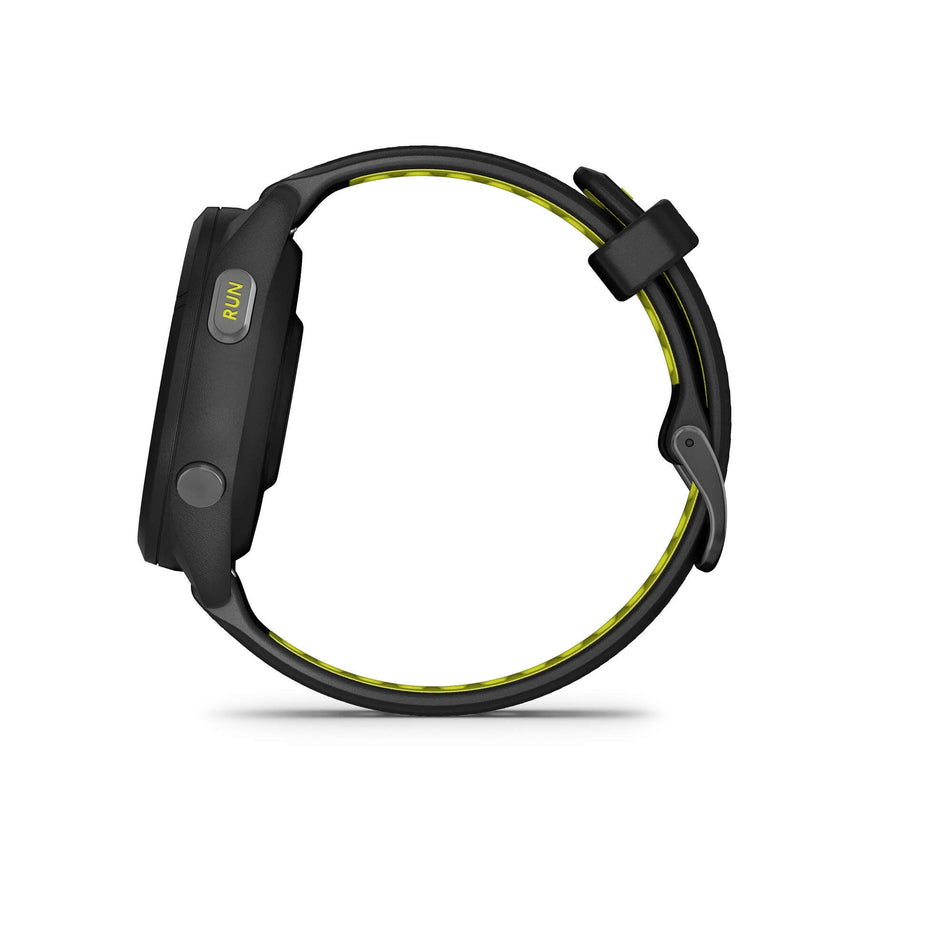 Side view of a Garmin Forerunner 265S Running Smartwatch in the black colourway. (7909890850978)