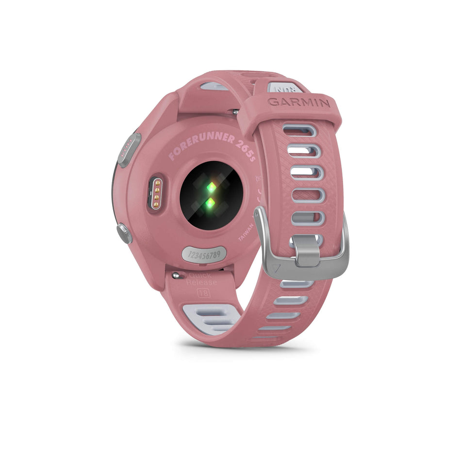 Front view of a Garmin Forerunner 265S Running Smartwatch in the pink colourway. The wrist-based heart rate monitor sensor is visible.  (7909892685986)