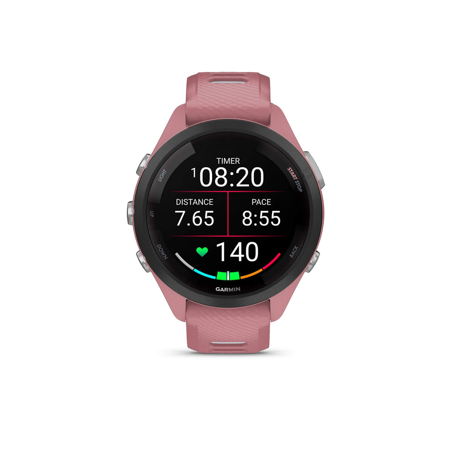 Front view of a Garmin Forerunner 265S Running Smartwatch in the pink colourway. Example of some of the available metrics is visible on the screen. (7909892685986)