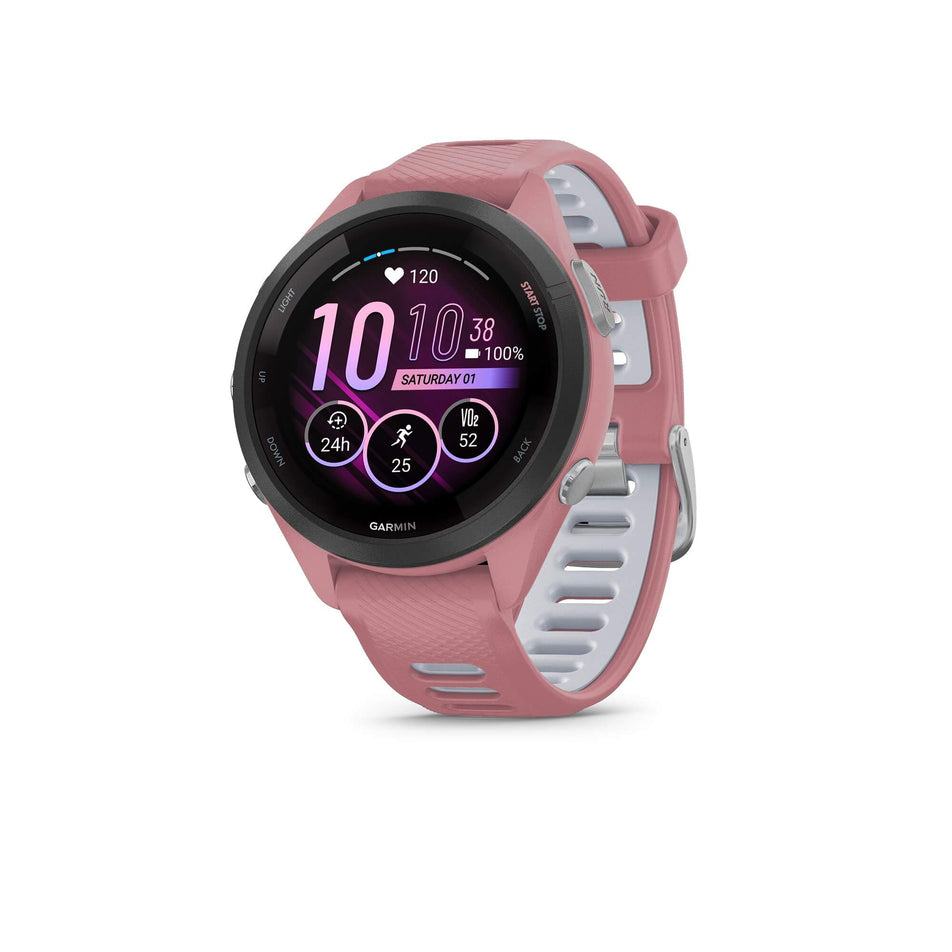 Front view of a Garmin Forerunner 265S Running Smartwatch in the pink colourway. (7909892685986)
