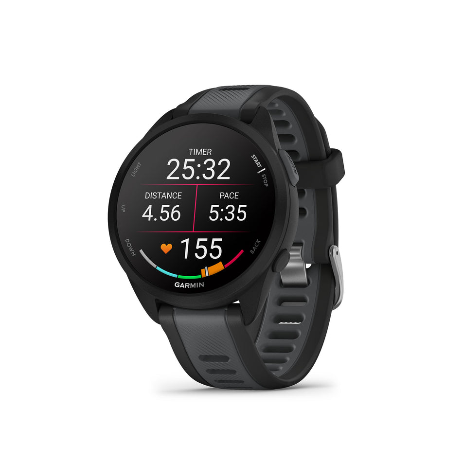 Front view of a Garmin Forerunner 165 Running Smartwatch in the Black/Slate Grey colourway (8186711736482)