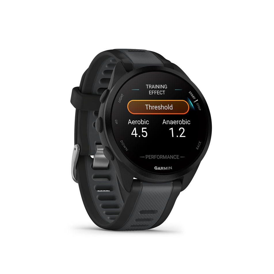 Front view of a Garmin Forerunner 165 Music Running Smartwatch in the Black/Slate Grey colourway (8186716520610)