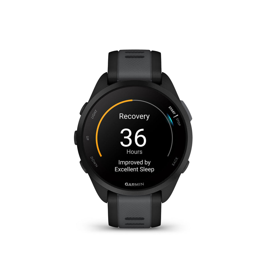 Front view of a Garmin Forerunner 165 Music Running Smartwatch in the Black/Slate Grey colourway (8186716520610)