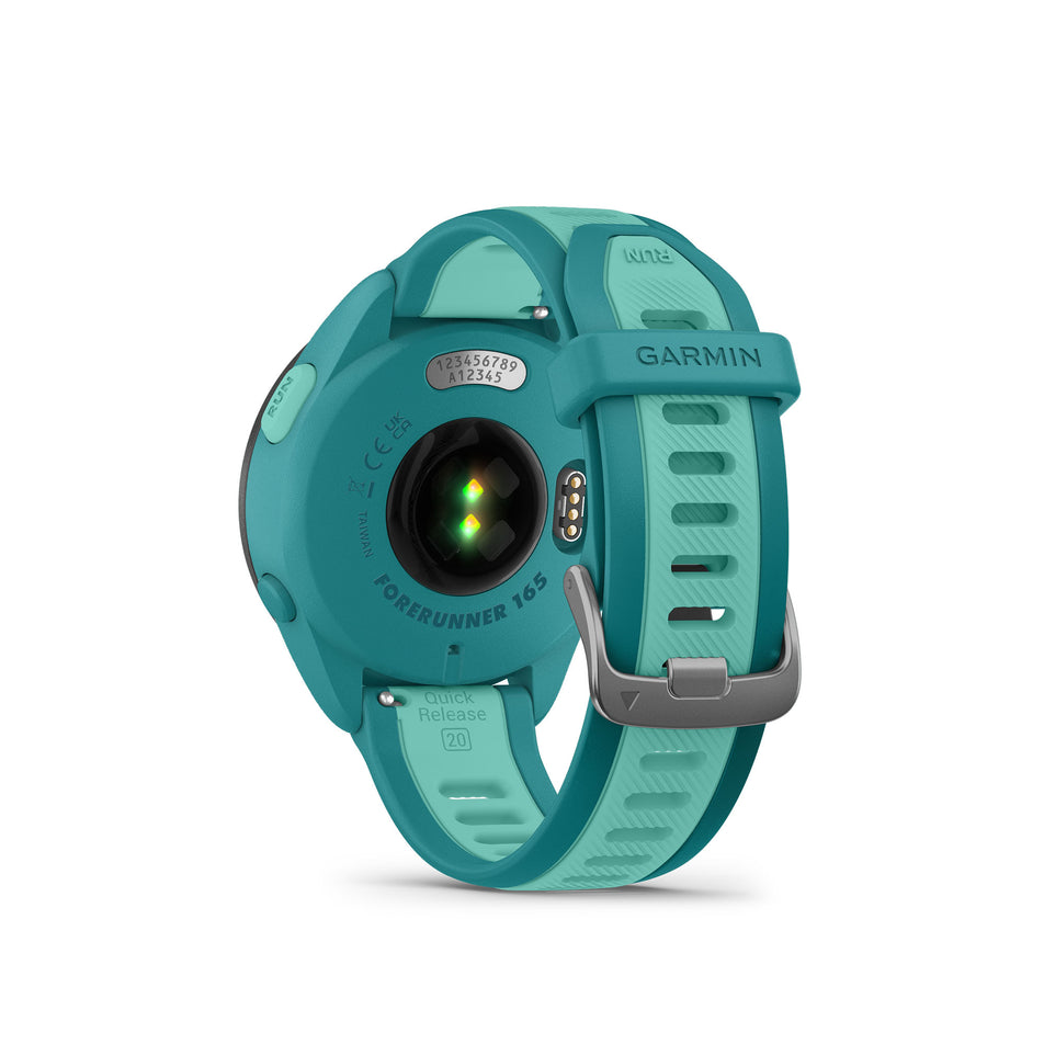 The back of a Garmin Forerunner 165 Music Running Smartwatch in the Turquoise/Aqua colourway (8186723074210)