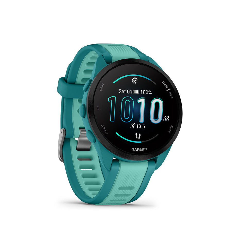 The front of a Garmin Forerunner 165 Music Running Smartwatch in the Turquoise/Aqua colourway (8186723074210)