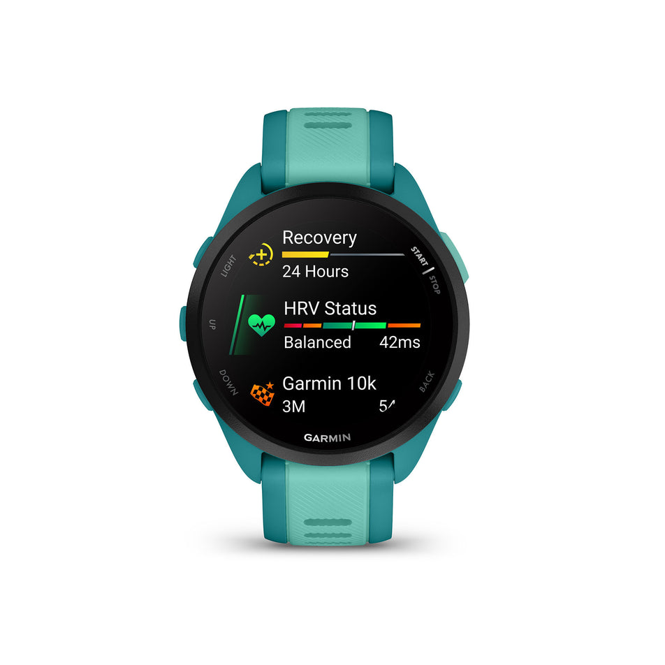 The front of a Garmin Forerunner 165 Music Running Smartwatch in the Turquoise/Aqua colourway (8186723074210)