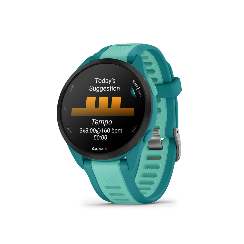 The front of a Garmin Forerunner 165 Music Running Smartwatch in the Turquoise/Aqua colourway (8186723074210)