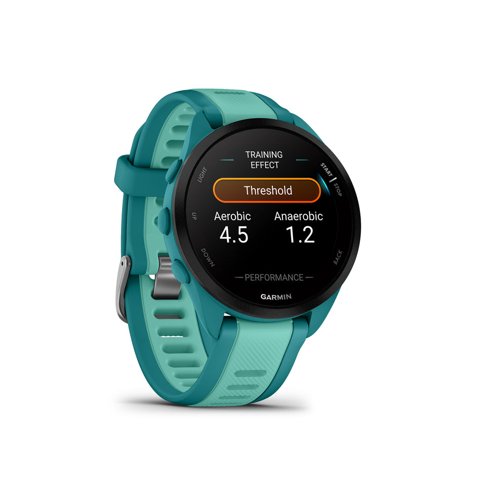 The front of a Garmin Forerunner 165 Music Running Smartwatch in the Turquoise/Aqua colourway (8186723074210)