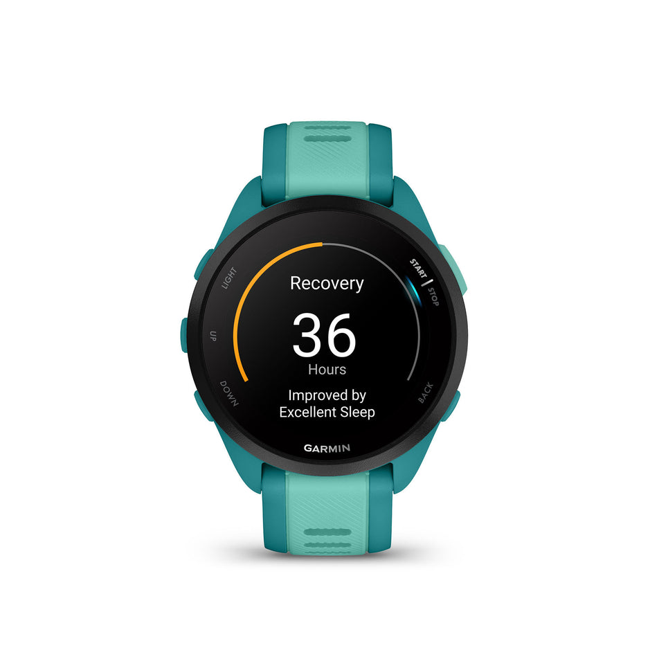 The front of a Garmin Forerunner 165 Music Running Smartwatch in the Turquoise/Aqua colourway (8186723074210)