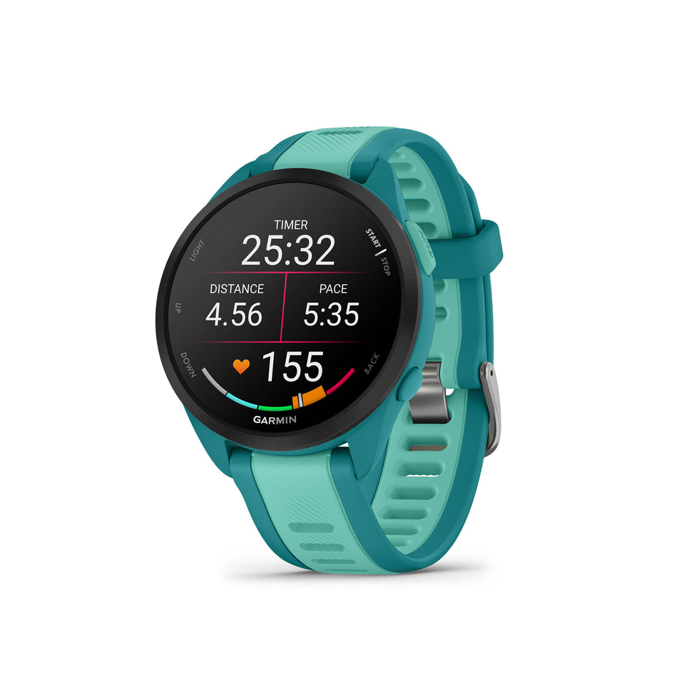 The front of a Garmin Forerunner 165 Music Running Smartwatch in the Turquoise/Aqua colourway (8186723074210)