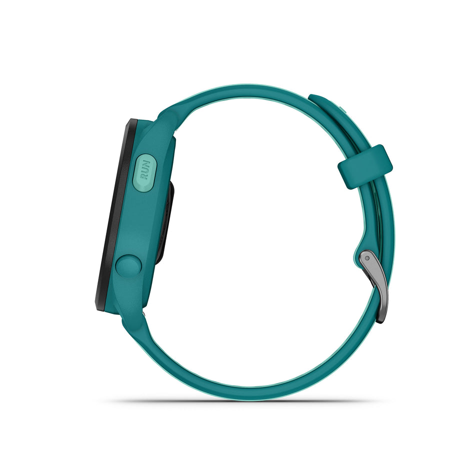 The side of a Garmin Forerunner 165 Music Running Smartwatch in the Turquoise/Aqua colourway (8186723074210)