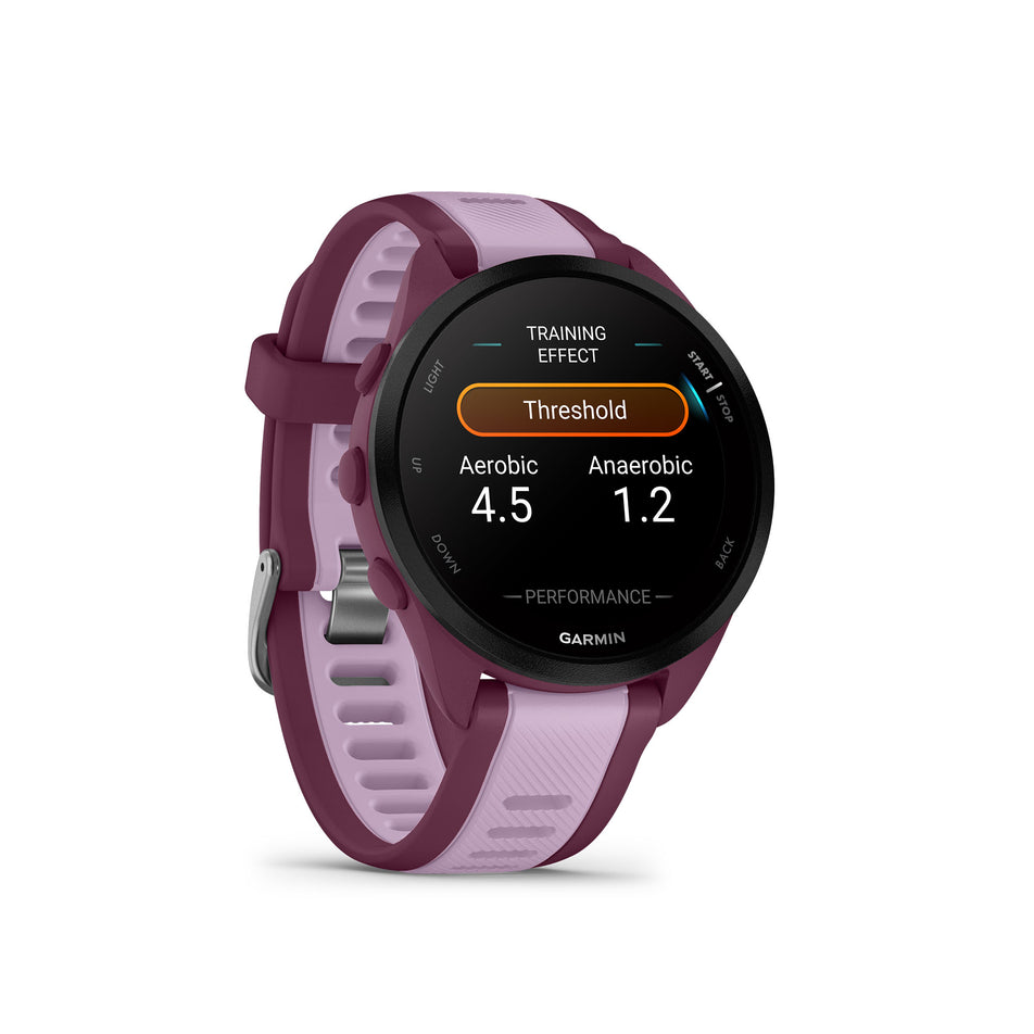 Front view of a Garmin Forerunner 165 Music Running Smartwatch in the Berry/Lilac colourway (8186727694498)