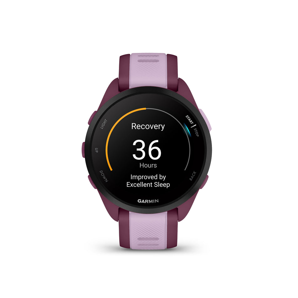 Front view of a Garmin Forerunner 165 Music Running Smartwatch in the Berry/Lilac colourway (8186727694498)
