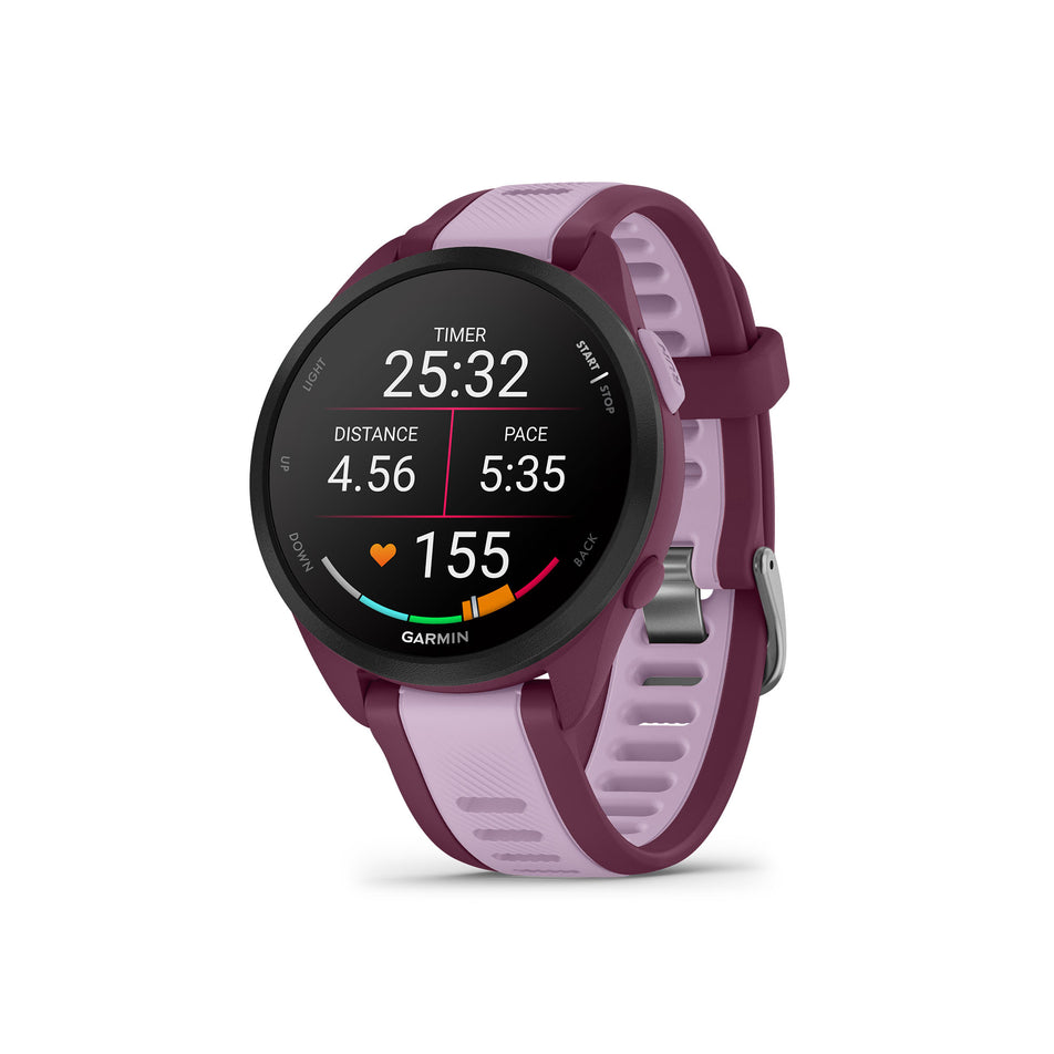 Front view of a Garmin Forerunner 165 Music Running Smartwatch in the Berry/Lilac colourway (8186727694498)
