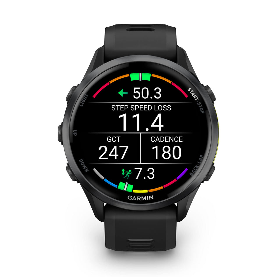 A Garmin Forerunner 970. Carbon Grey DLC Titanium with Black Case and Black/Translucent Whitestone Band. Running dynamics screen. (8692398031010)