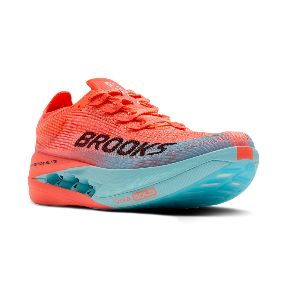 Lateral view of the right shoe from a pair of Brooks Unisex Hyperion Elite 5 Running Shoes in the Pink Clay/Atomizer Blue colourway. (8721881006242)