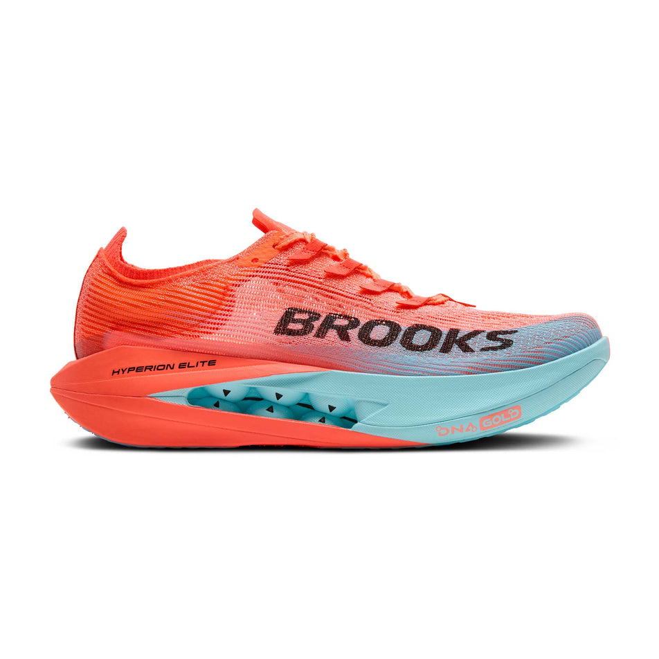 Lateral view of the right shoe from a pair of Brooks Unisex Hyperion Elite 5 Running Shoes in the Pink Clay/Atomizer Blue colourway. (8721881006242)