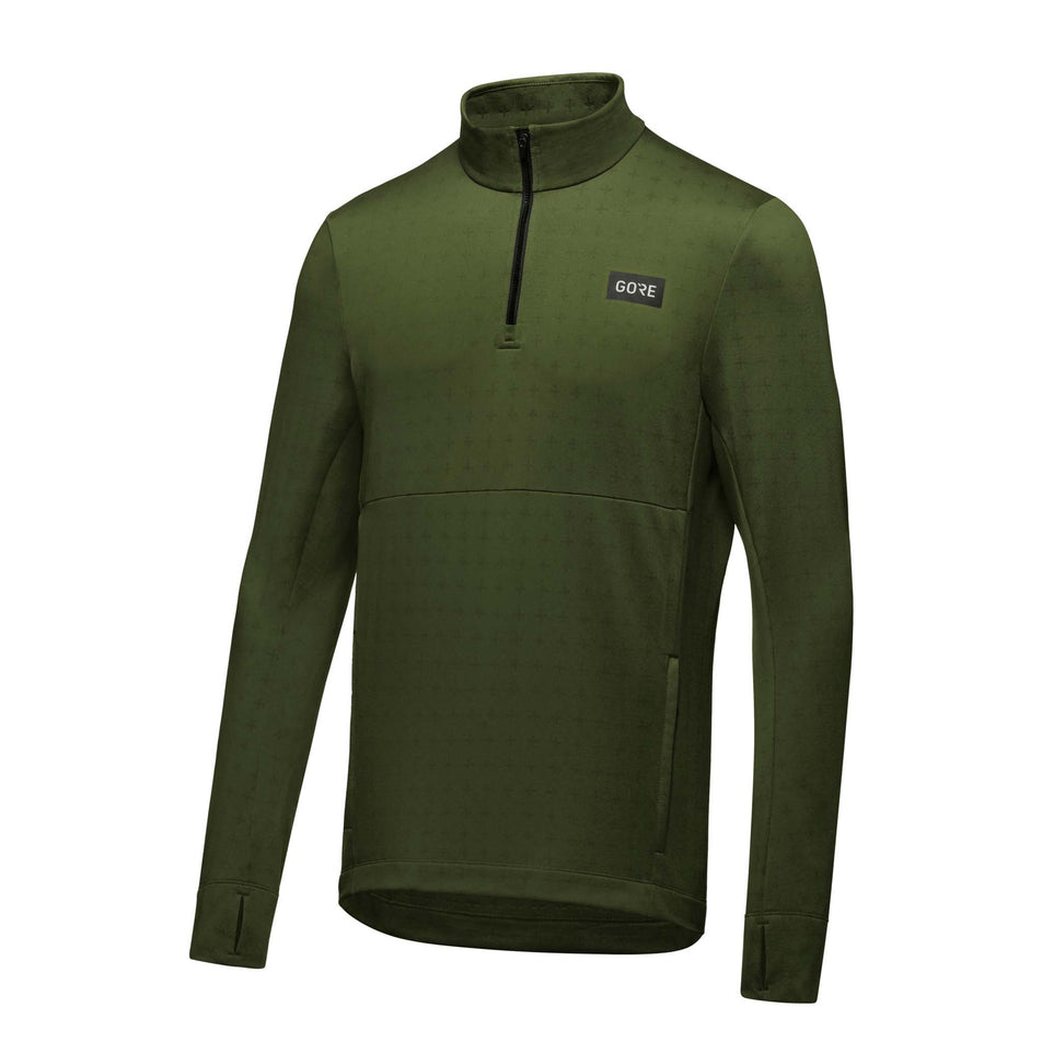 Angled front view of a GOREWEAR Men's Everyday Thermo 1/4-Zip in the Utility Green colourway (8031310741666)