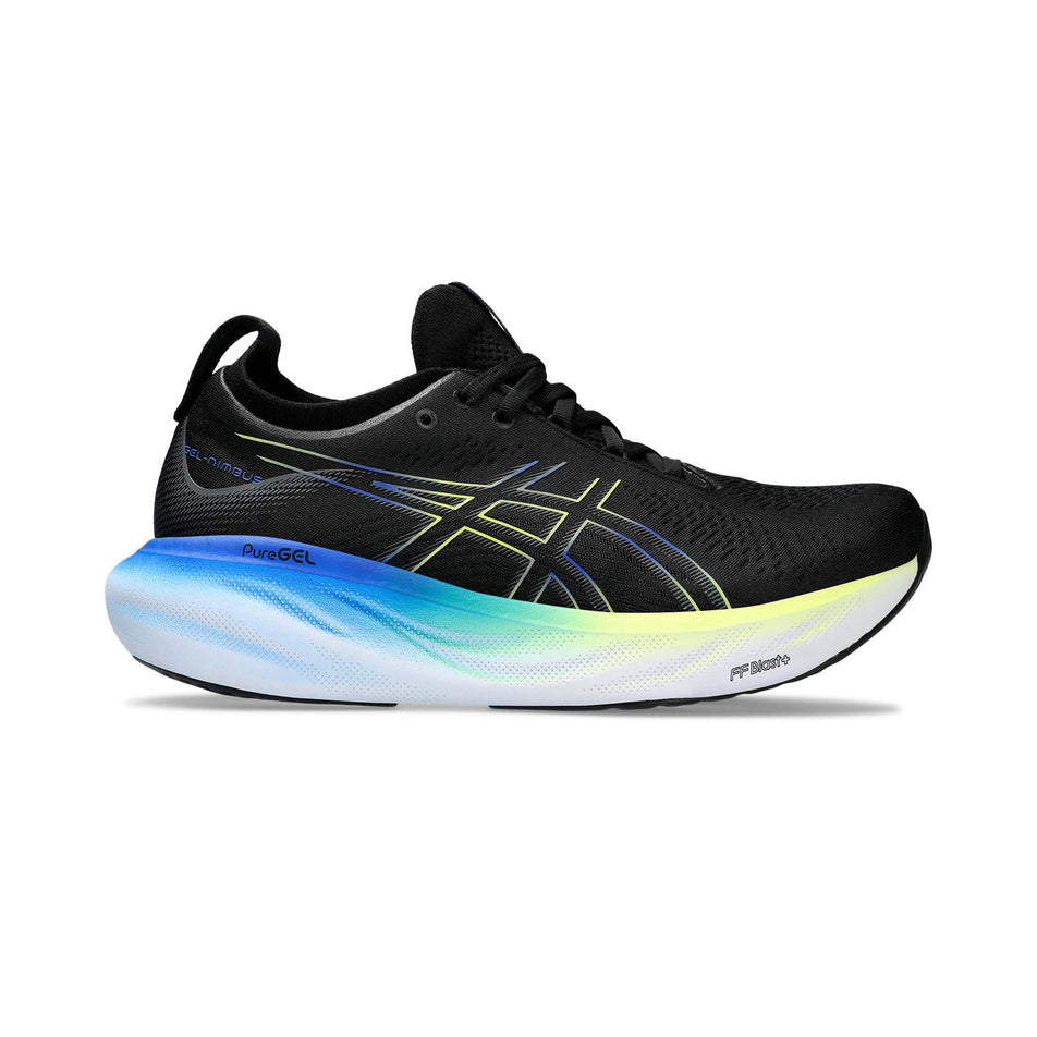 Lateral side of the right shoe from a pair of Asics Men's Gel-Nimbus 25 Running Shoes in the Black/Glow Yellow colourway (7942256263330)