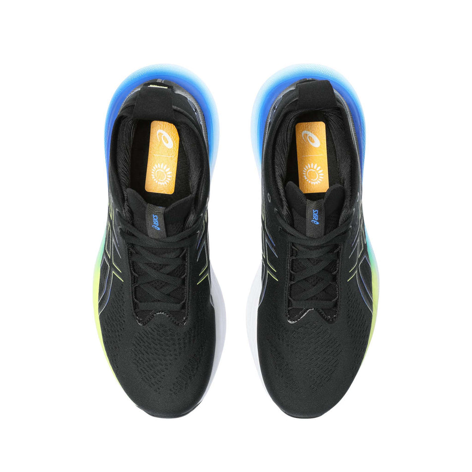 The uppers on a pair of Asics Men's Gel-Nimbus 25 Running Shoes in the Black/Glow Yellow colourway (7942256263330)