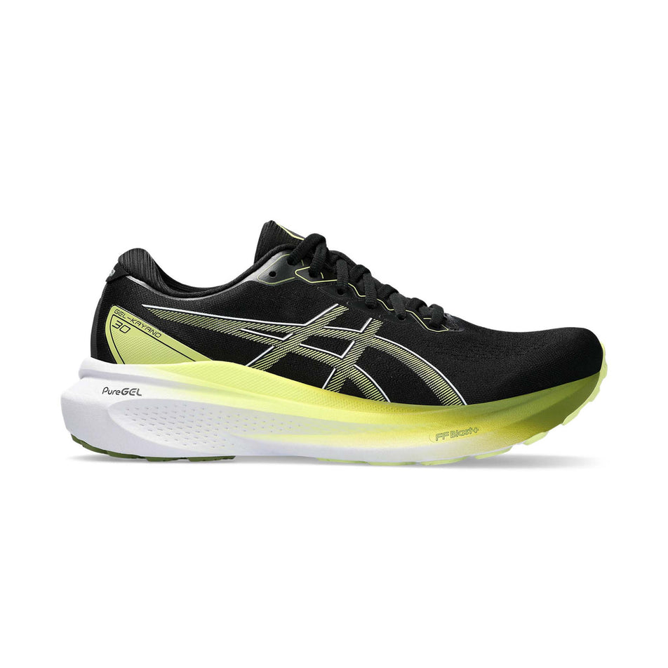 Lateral side of the right shoe from a pair of Asics Men's Gel-Kayano 30 Running Shoes in the Black/Glow Yellow colourway  (7942252036258)