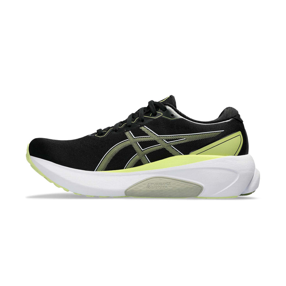 Medial side of the right shoe from a pair of Asics Men's Gel-Kayano 30 Running Shoes in the Black/Glow Yellow colourway (7942252036258)
