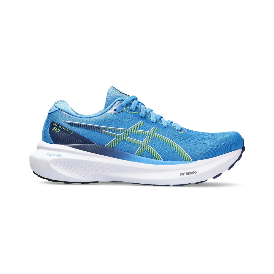 Lateral side of the right shoe from a pair of Asics Asics Men's Gel-Kayano 30 Running Shoes in the Waterscape/Electric Lime colourway (8132692803746)