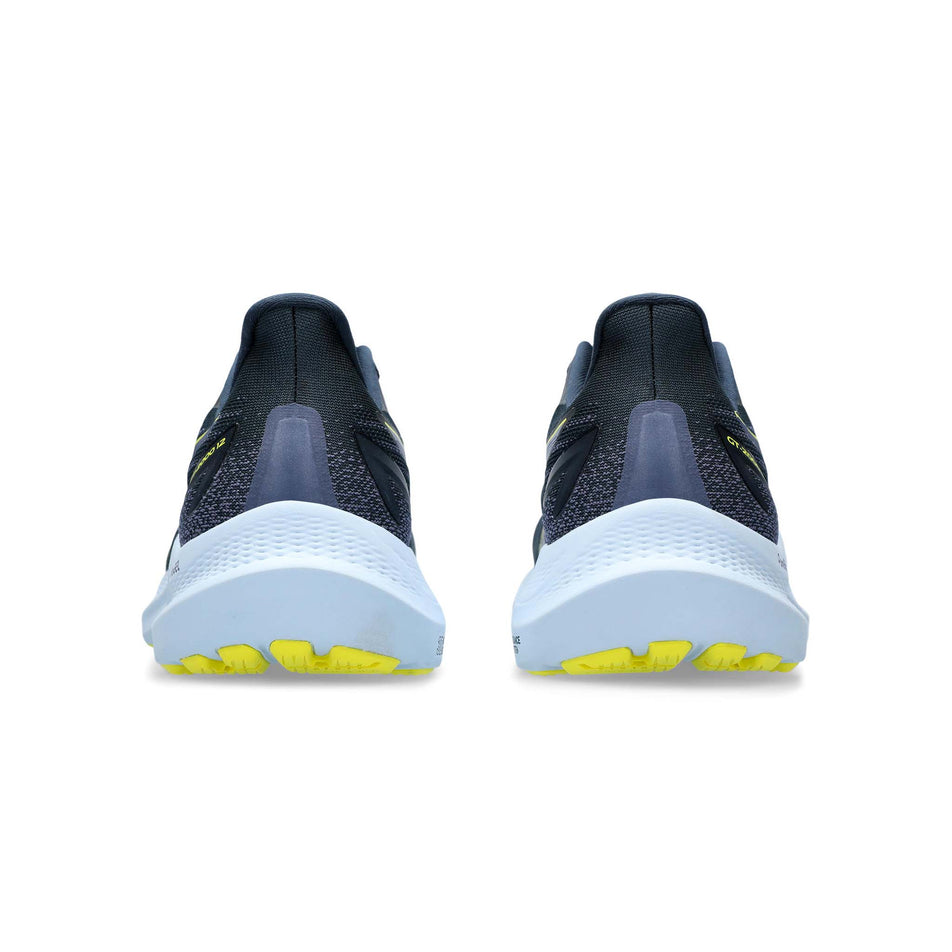 The back of a pair of Asics Men's GT-2000 12 Running Shoes in the French Blue/Bright Yellow colourway (8132708139170)