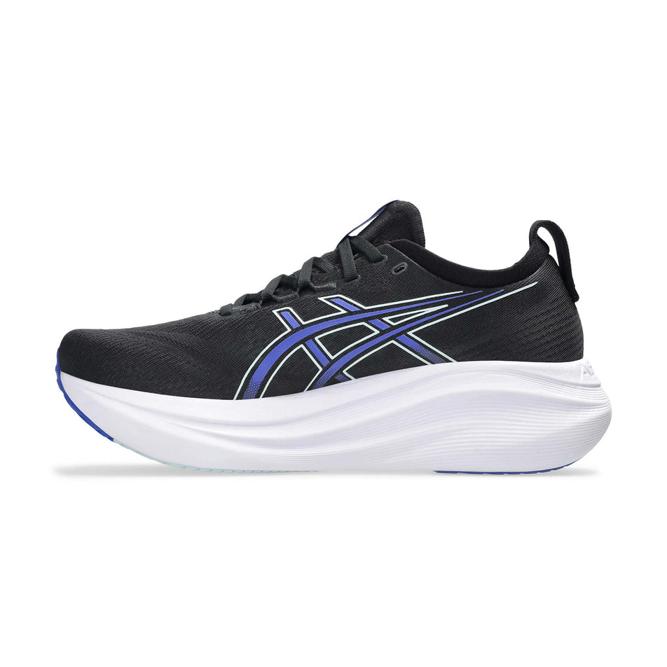 Medial view of the right shoe from a pair of ASICS Men's Gel-Nimbus 27 Running Shoes in the Black/Dark Cobalt colourway. (8668556394658)