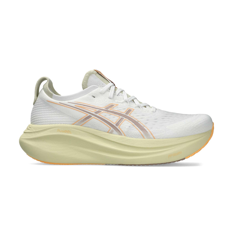 Lateral view of the right shoe from a pair of ASICS Men's Gel-Nimbus 27 Running Shoes in the White/Fawn colourway. (8669035430050)