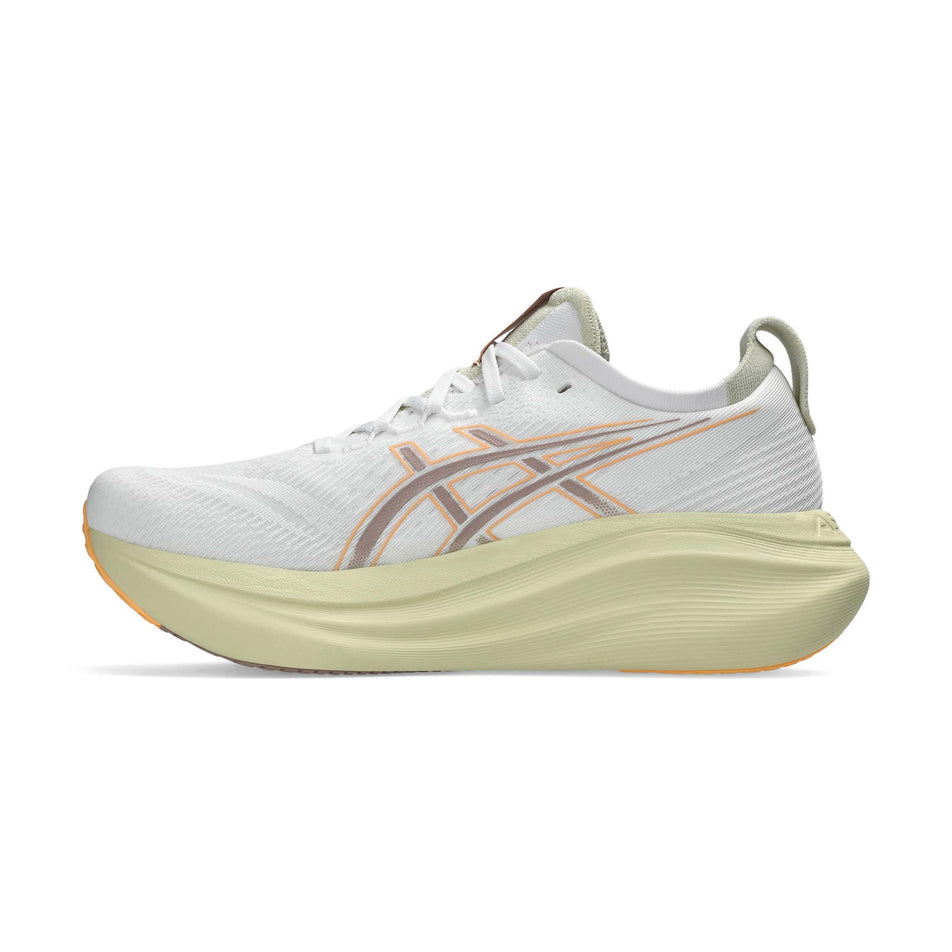 Medial view of the right shoe from a pair of ASICS Men's Gel-Nimbus 27 Running Shoes in the White/Fawn colourway. (8669035430050)