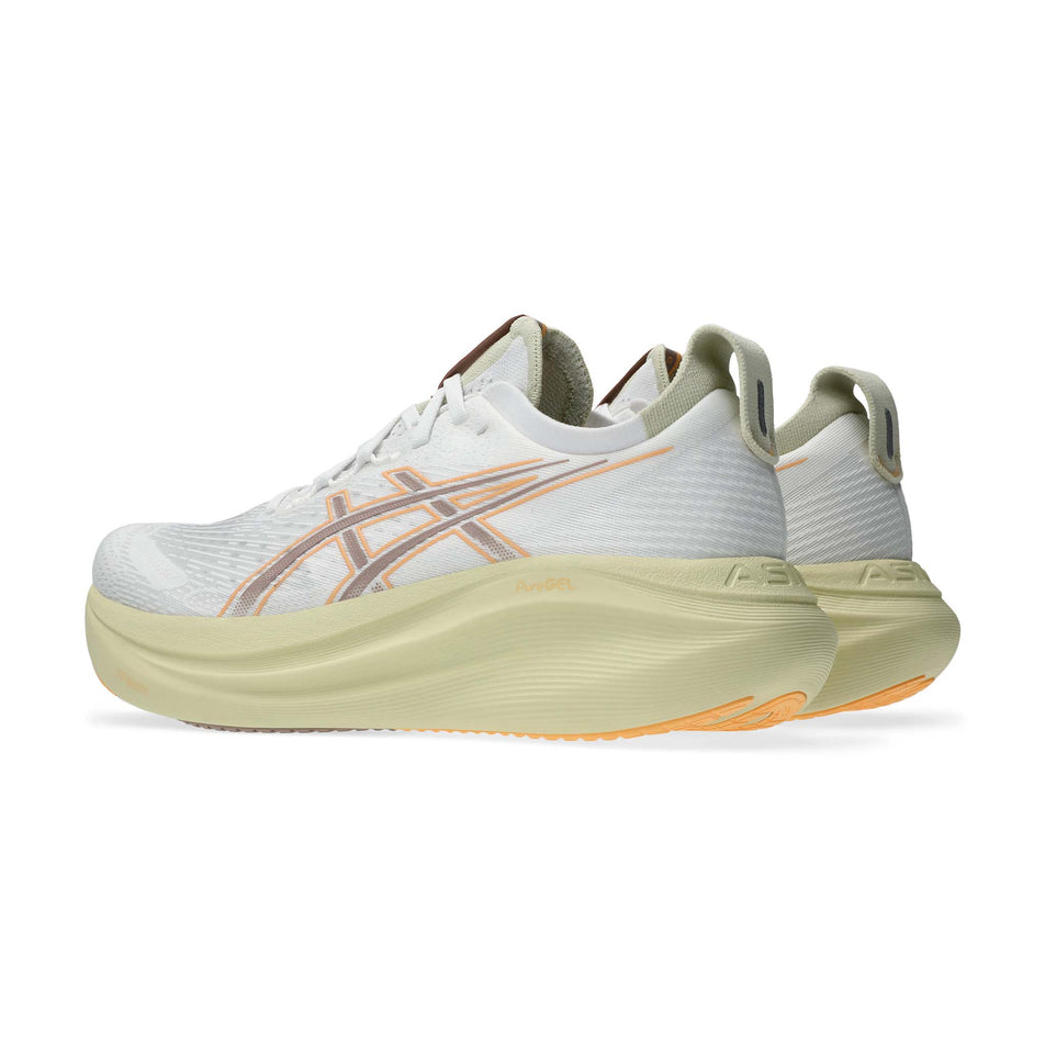 A pair of ASICS Men's Gel-Nimbus 27 Running Shoes in the White/Fawn colourway. (8669035430050)