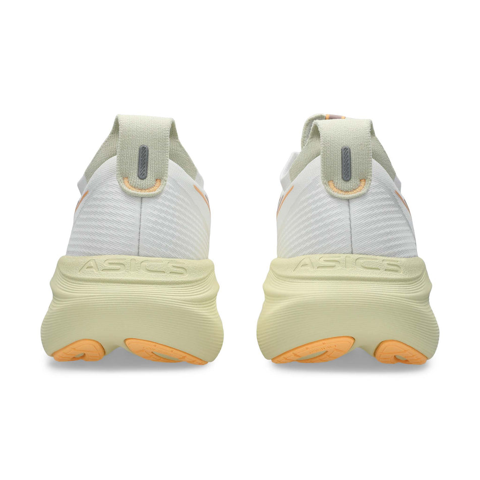 The back of a pair of ASICS Men's Gel-Nimbus 27 Running Shoes in the White/Fawn colourway. (8669035430050)