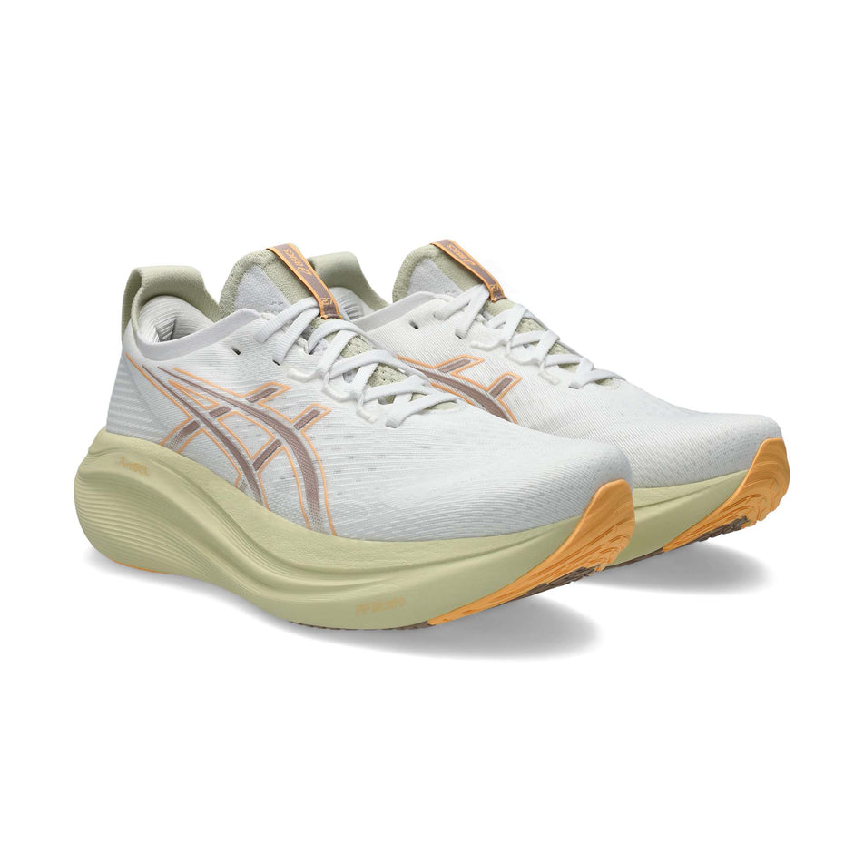 A pair of ASICS Men's Gel-Nimbus 27 Running Shoes in the White/Fawn colourway. (8669035430050)