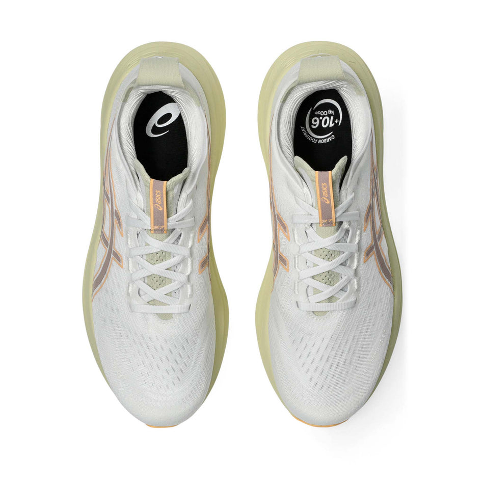 The uppers of a pair of ASICS Men's Gel-Nimbus 27 Running Shoes in the White/Fawn colourway. (8669035430050)