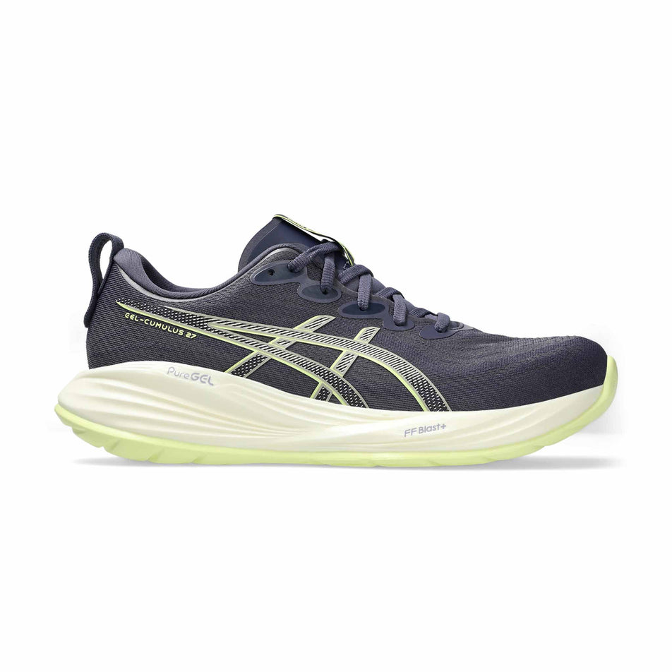 Lateral view of the right shoe from a pair of ASICS Men's Gel-Cumulus 27 Running Shoes in the Indigo Fog/Lucid Yellow colourway. (8671220334754)