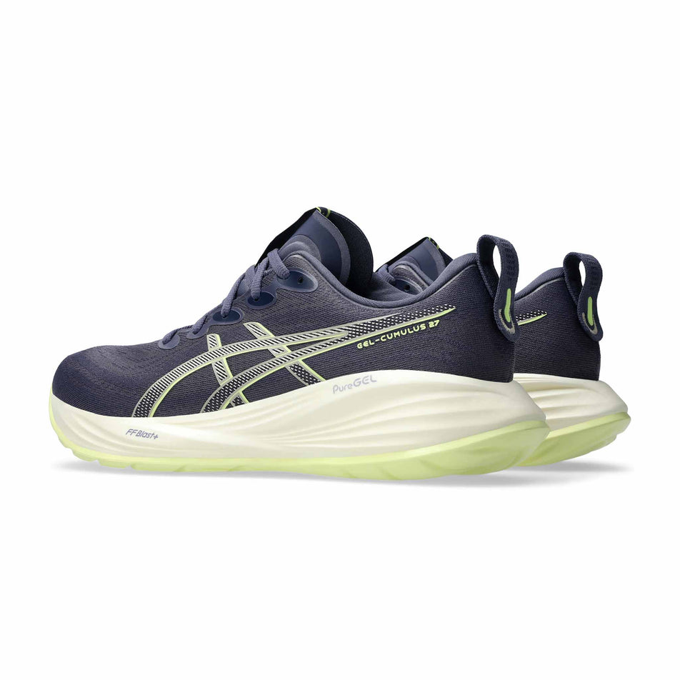 Lateral view of the right shoe from a pair of ASICS Men's Gel-Cumulus 27 Running Shoes in the Indigo Fog/Lucid Yellow colourway. (8671220334754)