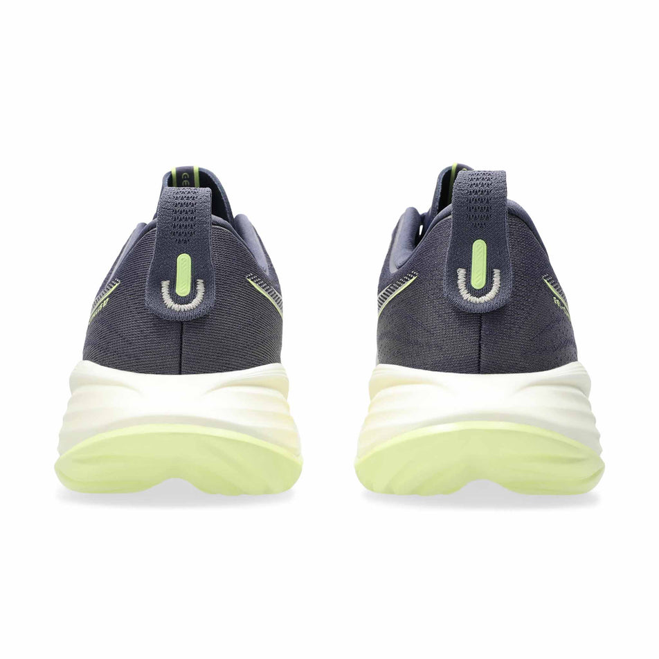 The back of a pair of ASICS Men's Gel-Cumulus 27 Running Shoes in the Indigo Fog/Lucid Yellow colourway. Yellow (8671220334754)