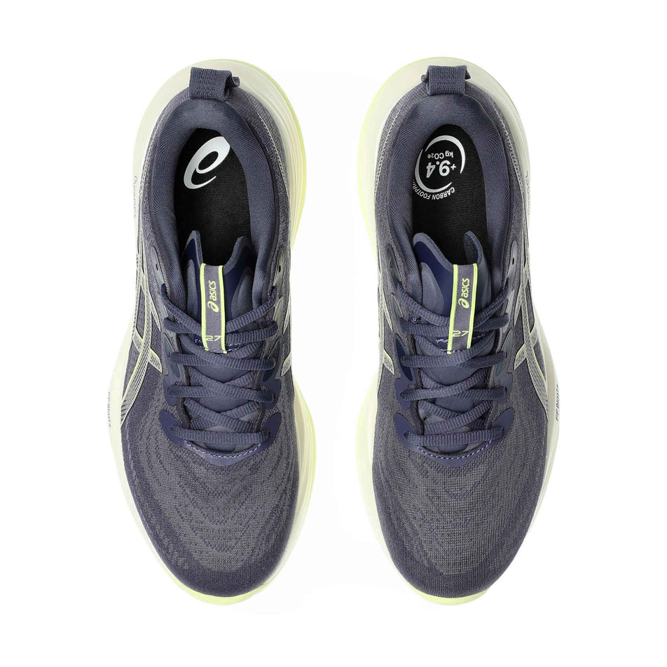 The uppers of a pair of ASICS Men's Gel-Cumulus 27 Running Shoes in the Indigo Fog/Lucid Yellow colourway. Yellow (8671220334754)