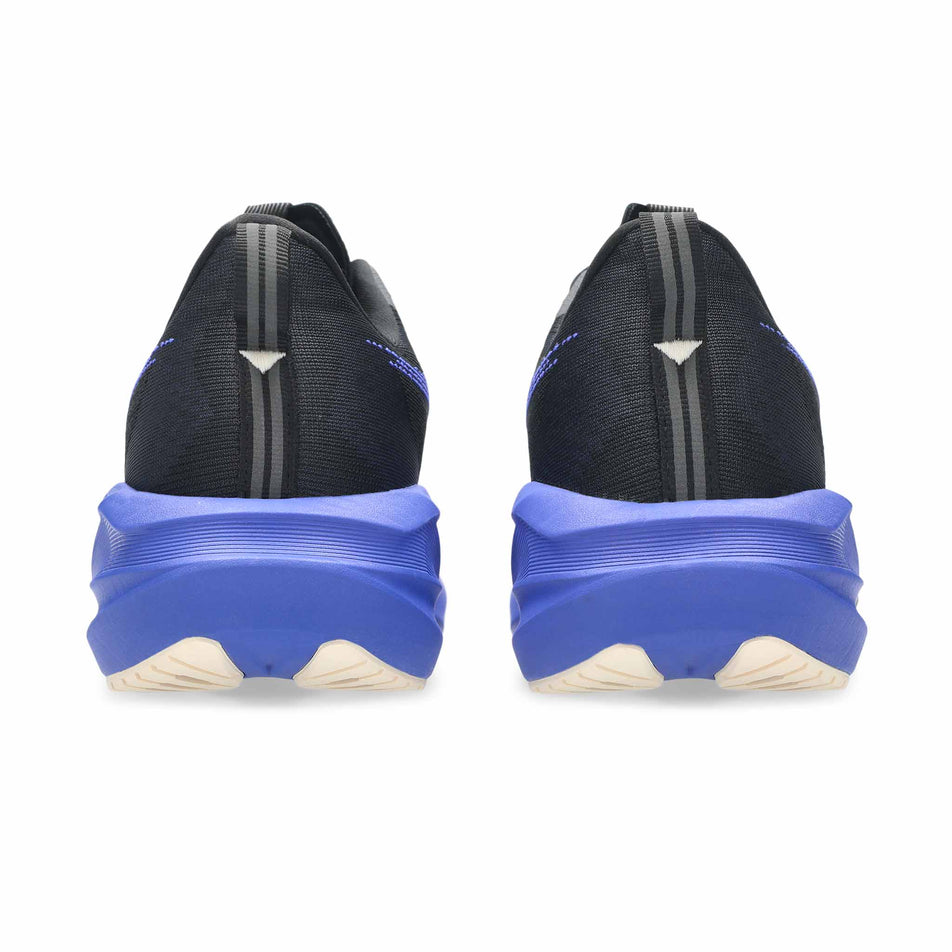 The back of a pair of ASICS Men's Novablast 5 Running Shoes in the Black/Cobalt Burst colourway.