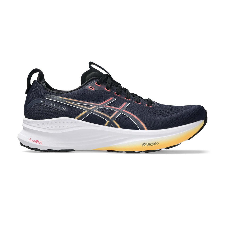 Lateral view of the right shoe from a pair of ASICS Men's Gel-Kayano 32 Running Shoes in the Midnight/Black colourway. (8668534538402)